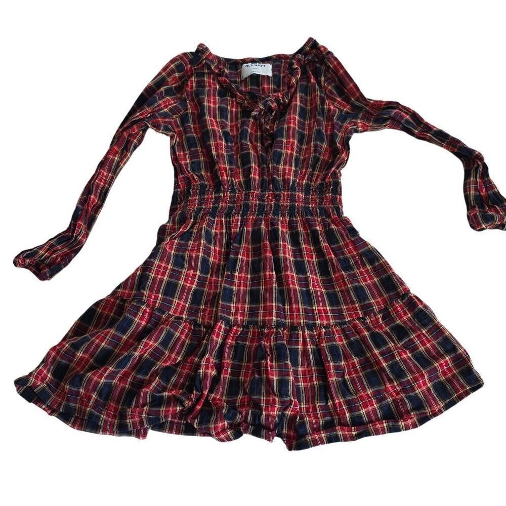Old Navy Girl's Size 8 Red Blue Plaid Long Sleeve Dress